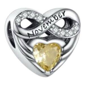 November Heart Birthstone Charm - Yellow Crystal Infinity Design